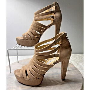AVC Strappy Suede Platform Heels Taupe High Heel Sandals Size 38 EU / 8 US